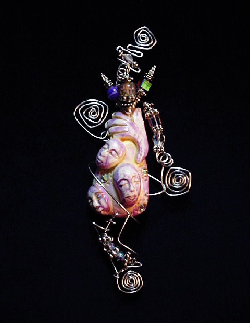 3&1 Faces Polymer Clay  Pin- Handmade with Polymer Clay. Sterling Silver wire, Austrian Crystals, Austrian Beads and glass beads are used for final details.